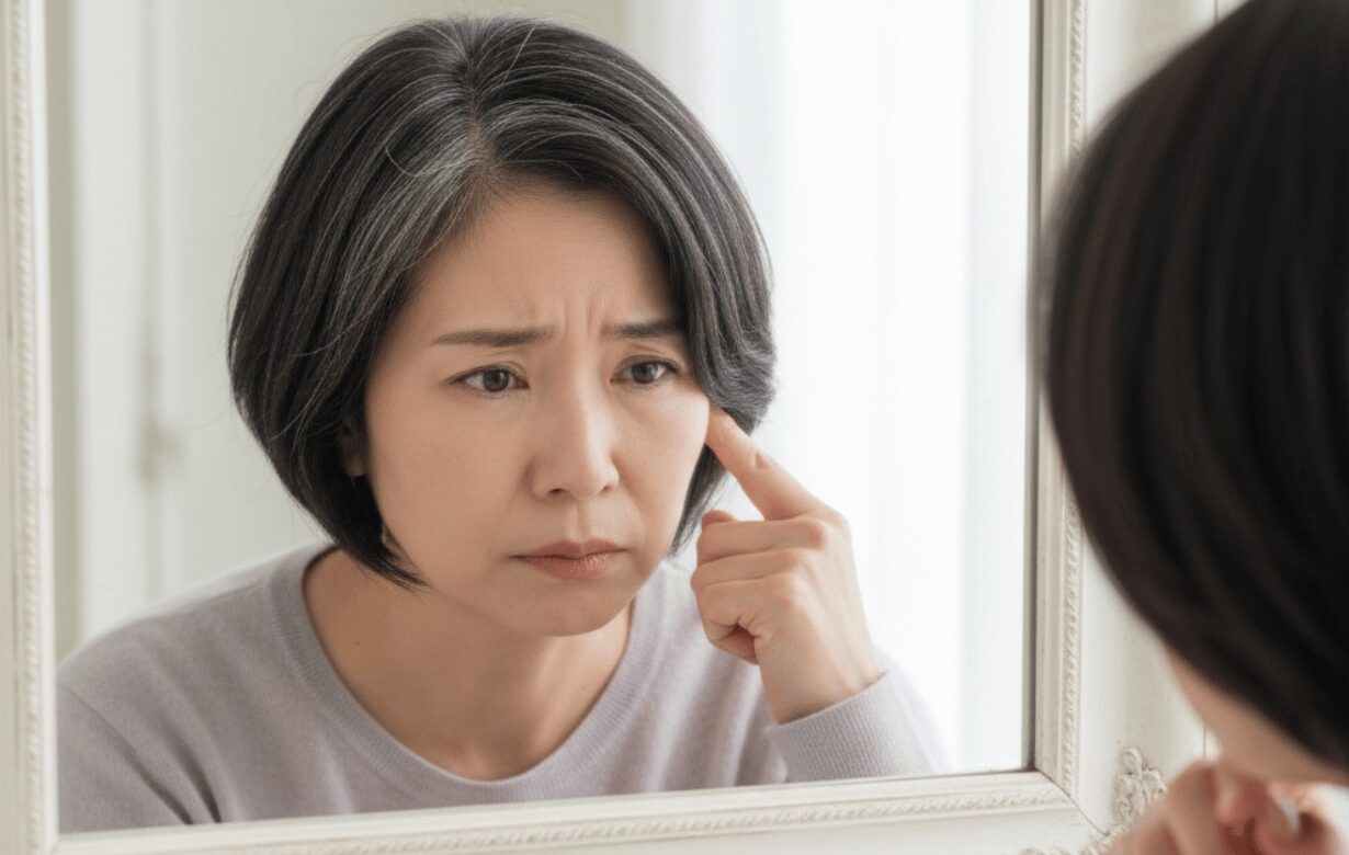 白髪の自分を鏡で見て険しい表情の女性